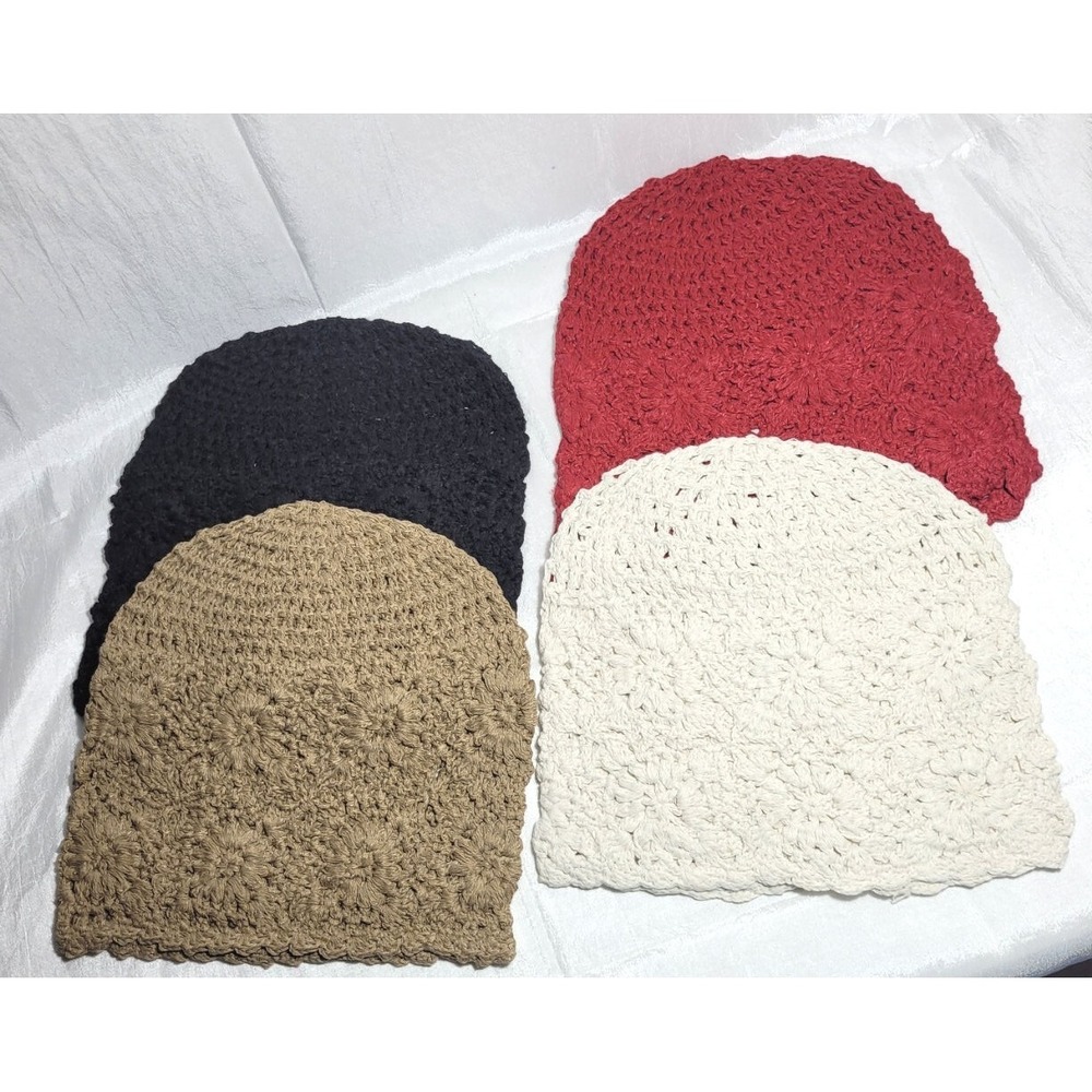 Set of 4 Women's Lightweight Crochet Cotton Knit Floral Slouchy Beanie Hat Caps